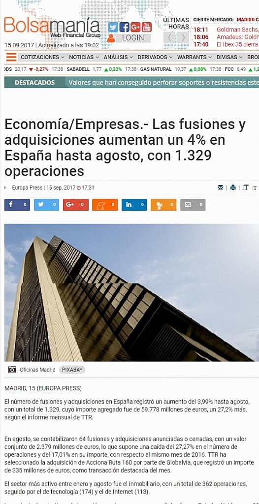 Las fusiones y adquisiciones aumentan un 4% en Espaa hasta agosto, con 1.329 operaciones